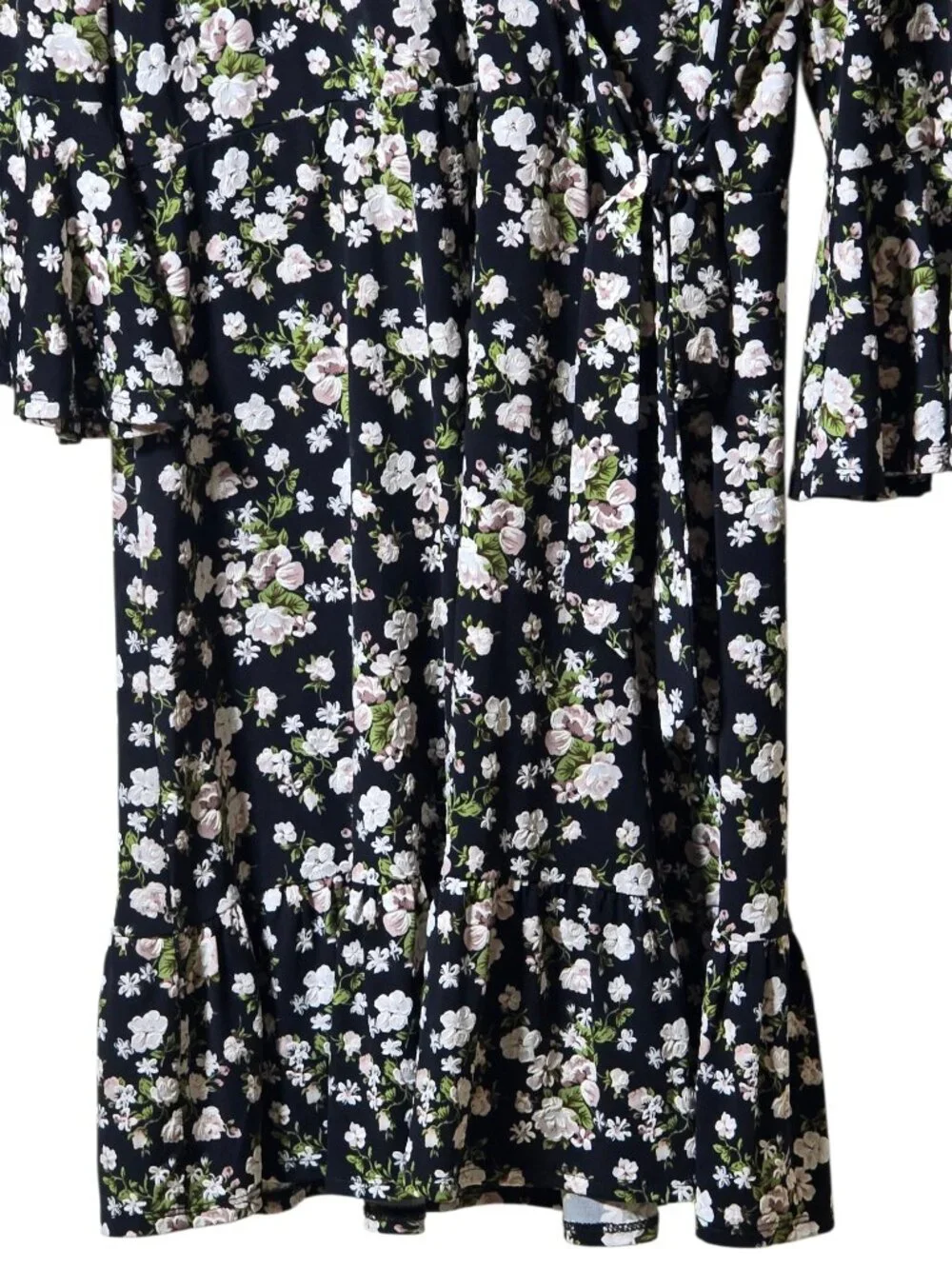Signature by Robbie Bee PL Black Floral Faux Wrap Dress Petite Large Ruffle Hem